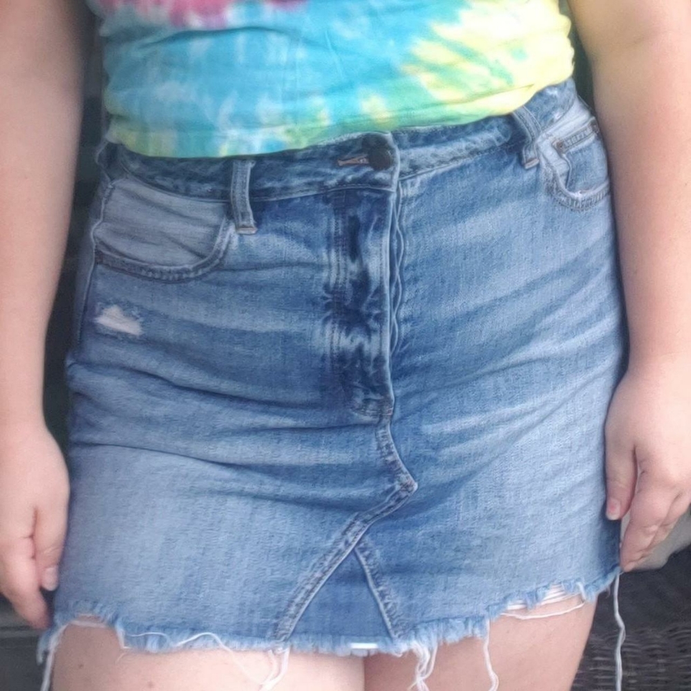 American Eagle Outfitters High Waisted Button Fly Distressed Denim Mini Skirt
